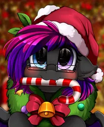 Size: 1446x1764 | Tagged: safe, artist:pridark, derpibooru import, oc, oc:slipspace perigee, bat pony, pony, bat pony oc, bat wings, bell, blushing, candy, candy cane, christmas, commission, cute, food, hat, heterochromia, holiday, mouth hold, ocbetes, pridark's christmas ponies, santa hat, solo, wings, wreath, ych result