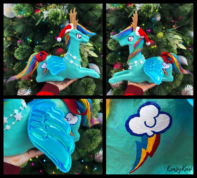 Size: 3264x2952 | Tagged: safe, artist:krazykari, derpibooru import, rainbow dash, deer, pegasus, pony, reindeer, antlers, bow, brushable, christmas, christmas tree, custom, cutie mark, deerified, for sale, hat, holiday, irl, photo, reindeer dash, santa hat, snow, snowflake, toy, tree