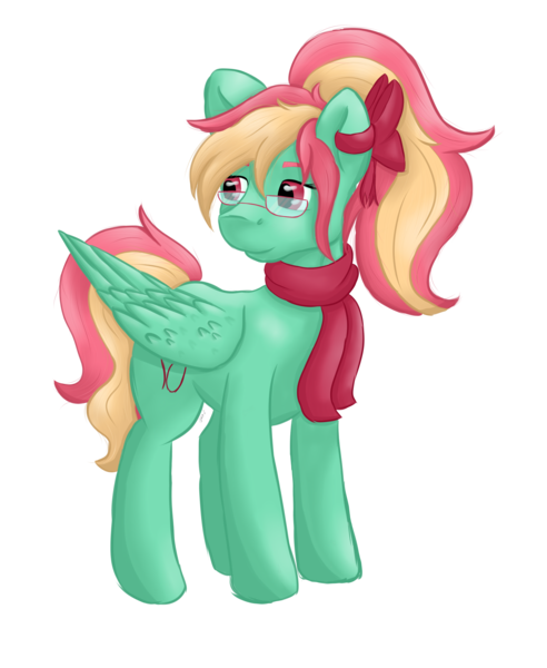 Size: 4877x5952 | Tagged: safe, artist:xaik0x, derpibooru import, oc, oc:aiko, oc:sunrise melody, unofficial characters only, pegasus, pony, 2020 community collab, derpibooru community collaboration, bow, clothes, female, glasses, mare, pegasus oc, ponytail, scarf, simple background, solo, transparent background, wings