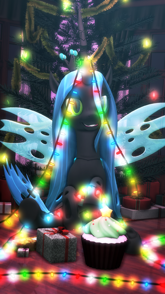 Size: 1080x1920 | Tagged: safe, artist:feuerrader-nmm, derpibooru import, queen chrysalis, changeling, 3d, christmas, christmas changeling, christmas lights, cupcake, food, holiday, present, solo