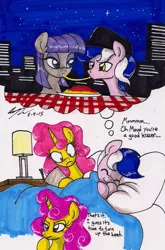 Size: 1087x1646 | Tagged: safe, artist:newyorkx3, derpibooru import, maud pie, oc, oc:karen, oc:mikey, earth pony, pony, unicorn, bed, blanket, book, building, canon x oc, cap, city, dream, female, food, hat, husband and wife, kakey, lady and the tramp, lamp, male, night, pasta, pillow, sleeping, table, this will end in sleeping on the couch, unamused