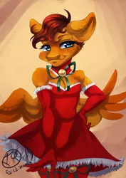 Size: 1527x2160 | Tagged: anthro, anthro oc, artist:teymar, bow, christmas, clothes, crossdressing, derpibooru import, evening gloves, gloves, holiday, long gloves, looking at you, male, necktie, oc, oc:lucky, pegasus, safe, socks, spread wings, stockings, thigh highs, unofficial characters only, wings