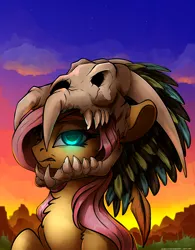 Size: 2500x3200 | Tagged: safe, artist:skitsniga, derpibooru import, fluttershy, pegasus, pony, badass, bust, chiefyshy, digital art, feather, female, flutterbadass, helmet, mare, portrait, skull, skull helmet, solo