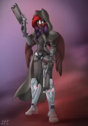 Size: 2400x3400 | Tagged: anthro, armor, artist:catdclassic, boots, clothes, coat, derpibooru import, oc, oc:shaded star, outfit, overwatch, pegasus, reaper (overwatch), safe, shoes, smiling, smoke, solo, weapon