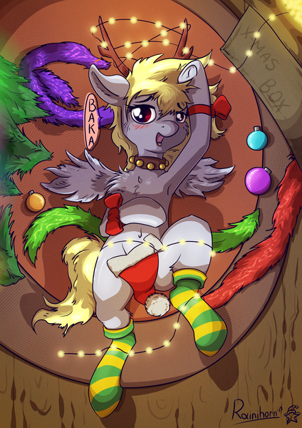 Size: 2480x3508 | Tagged: armpits, artist:rainihorn, bedroom eyes, bell, bell collar, bells, belly, belly button, blushing, bow, chest fluff, christmas, clothes, collar, derpibooru import, derpy hooves, female, hat, holiday, horn, looking at you, mare, open mouth, pegasus, semi-anthro, socks, solo, solo female, spreading, spread legs, spread wings, strategically covered, striped socks, suggestive, text, tree, underhoof, wings
