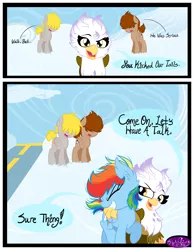 Size: 3500x4500 | Tagged: safe, artist:becauseimpink, derpibooru import, gilda, rainbow dash, gryphon, pegasus, pony, comic:transition, cloud, comic, dialogue, female, filly, filly rainbow dash, grin, guilder, raised hoof, rule 63, side hug, smiling, transgender, younger