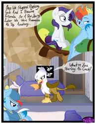 Size: 3500x4500 | Tagged: safe, artist:becauseimpink, derpibooru import, gilda, rainbow dash, rarity, gryphon, pegasus, pony, unicorn, comic:transition, bed, comic, couch, dialogue, elusive, female, guilder, male, mare, rainbow blitz, reading, rule 63, sitting, stallion, transgender, unshorn fetlocks