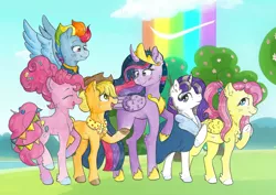 Size: 4814x3405 | Tagged: safe, artist:lightisanasshole, derpibooru import, applejack, fluttershy, pinkie pie, princess twilight 2.0, rainbow dash, rarity, twilight sparkle, twilight sparkle (alicorn), alicorn, earth pony, pegasus, pony, unicorn, rainbow falls, the last problem, absurd resolution, apple, apple tree, appledash, banner, blue coat, boots, candy, cheek fluff, chest fluff, clothes, cloud, coat, confetti, crown, curly hair, cutie mark, ear fluff, end of ponies, eyes closed, female, finale, fluffy, flying, food, grass, gray mane, group picture, hair bun, hat, jewelry, leg fluff, lesbian, lollipop, looking back, looking down, looking up, mane six, older, older applejack, older fluttershy, older mane six, older pinkie pie, older rainbow dash, older rarity, older twilight, older twilight sparkle (alicorn), open mouth, ponytail, raised hoof, regalia, scarf, shipping, shoes, sky, sparkles, together forever, tree, walking, wings