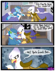 Size: 3500x4500 | Tagged: safe, artist:becauseimpink, derpibooru import, gilda, rainbow dash, gryphon, pegasus, pony, comic:transition, bed, cap, clothes, comic, dialogue, eyes closed, female, guilder, hat, lying down, mare, pillow, reading, rule 63, transgender, unshorn fetlocks