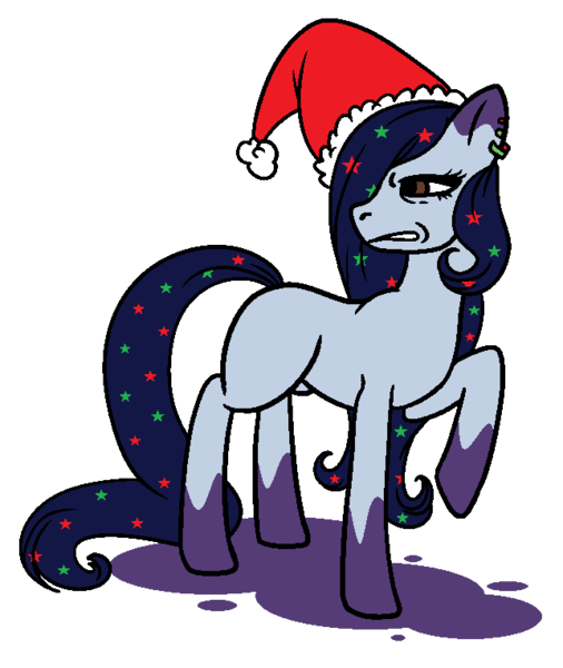 Size: 644x764 | Tagged: safe, artist:dragonflyfire8, artist:ponebox, derpibooru import, oc, unofficial characters only, earth pony, pony, christmas, collaboration, disgusted, ear piercing, earring, earth pony oc, ethereal mane, female, hair over one eye, hat, holiday, jewelry, mare, piercing, raised hoof, santa hat, simple background, socks (coat marking), solo, starry mane, transparent background