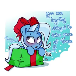 Size: 1500x1500 | Tagged: safe, artist:lou, derpibooru import, trixie, pony, unicorn, blatant lies, blushing, bow, box, cute, diatrixes, female, mare, pony in a box, present, solo, sweat, sweating profusely, text