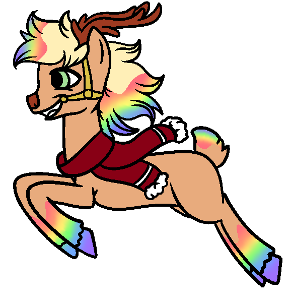 Size: 578x599 | Tagged: antlers, artist:dragonflyfire8, artist:ponebox, clothes, collaboration, deer, deer pony, derpibooru import, female, grin, harness, multicolored hair, oc, original species, rainbow hair, reindeer antlers, safe, scarf, simple background, smiling, solo, tack, transparent background, unofficial characters only, unshorn fetlocks