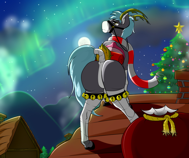 Size: 3000x2513 | Tagged: artist:flash_draw, aurora borealis, bag, butt, chimney, christmas, christmas lights, christmas star, christmas tree, christmas wreath, clothes, cloud, commission, complex background, deer costume, deer tail, derpibooru import, detailed, holiday, horns, horse, house, jingle bells, male, moon, mountain, night, oc, oc:yoloe, plot, raised tail, safe, scarf, smoke, socks, solo, stars, stockings, tail, thigh highs, tree, village, wool, wreath