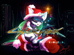 Size: 2000x1500 | Tagged: safe, alternate version, artist:coldrivez, derpibooru import, princess celestia, pony, :p, christmas, christmas tree, clothes, costume, cute, cutelestia, cyberpunk, cyberpunk 2077, female, goggles, gun, handgun, holiday, mare, pistol, santa costume, solo, tongue out, tree, weapon