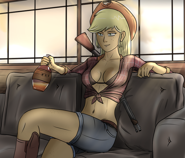 Size: 2183x1861 | Tagged: alcohol, appledrunk, applejack, artist:symptom99, breasts, busty applejack, cleavage, derpibooru import, drunk, drunk aj, female, gun, human, humanized, moonshine, rifle, sitting, solo, solo female, suggestive, weapon, xxx