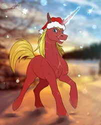 Size: 1000x1238 | Tagged: safe, artist:sunny way, derpibooru import, oc, oc:steel prism, unofficial characters only, pony, unicorn, christmas, cute, forest, hat, holiday, horn, magic, male, new year, red hat, santa hat, scar, scarred, smiley face, smiling, snow, solo, stallion, sunny