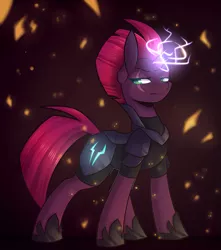 Size: 1749x1977 | Tagged: safe, artist:ak4neh, derpibooru import, tempest shadow, pony, unicorn, armor, broken horn, eye scar, female, hoof shoes, horn, magic, mare, scar, solo, sparking horn