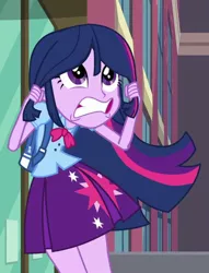 Size: 487x636 | Tagged: safe, derpibooru import, screencap, twilight sparkle, twilight sparkle (alicorn), alicorn, equestria girls, equestria girls (movie), backpack, canterlot high, clothes, cropped, female, freaking out, hair pulling, miniskirt, pleated skirt, skirt, twilighting