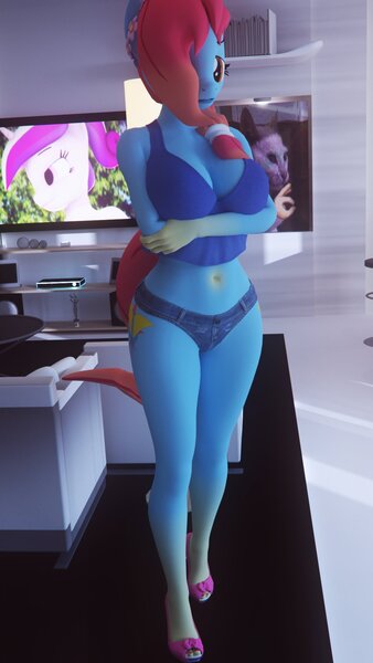 Size: 1080x1920 | Tagged: 3d, anthro, artist:dashie116, big breasts, booty shorts, breasts, cinema 4d, clothes, derpibooru import, feet, female, hairband, high heels, mare, oc, oc:vibrashy, pegasus, safe, shoes, short shirt, solo, unofficial characters only