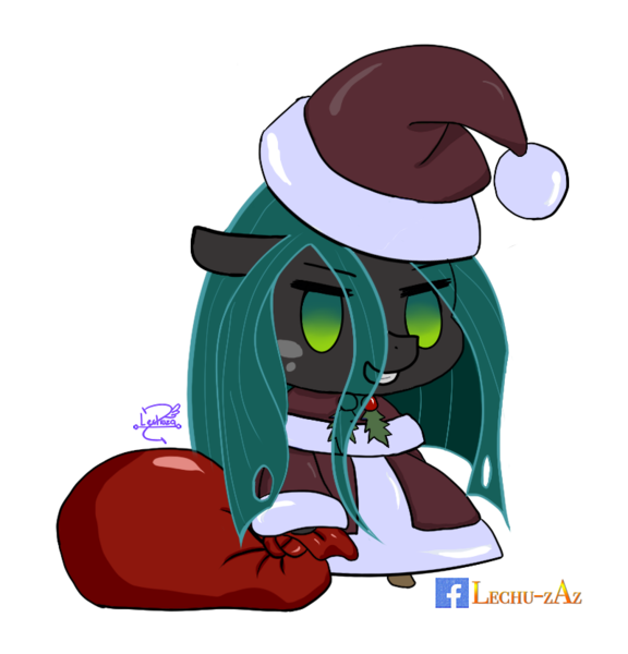 Size: 800x834 | Tagged: safe, artist:lechu-zaz, derpibooru import, queen chrysalis, christmas, christmas changeling, clothes, costume, fate/grand order, hat, holiday, holly, padoru, png, santa costume, santa hat