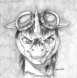 Size: 1100x1118 | Tagged: semi-grimdark, artist:baron engel, derpibooru import, oc, oc:phoenix, unofficial characters only, unicorn, grayscale, grin, manic grin, monochrome, pencil drawing, smiling, solo, story included, traditional art