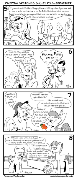 Size: 1320x3035 | Tagged: safe, artist:pony-berserker, derpibooru import, apple bloom, applejack, mudbriar, pinkie pie, rarity, ponified, crab, earth pony, giant crab, pony, unicorn, angry, apple sisters, bald, black and white, bow, comic, crying, dishonorapple, duo, eating, facial hair, fake cutie mark, fake moustache, female, filly, foal, food, gratuitous french, grayscale, guild of calamitous intent, hat, horror, i can't believe it's not idw, male, mare, monochrome, moustache, nonchalant, partial color, party cannon, pawn shop, pawn stars, peach, pony-berserker's twitter sketches, puffy cheeks, rarity fighting a giant crab, rick harrison, sewing machine, siblings, signature, simple background, sisters, sketch, smiling, speech bubble, spiked club, stallion, stippling, the venture bros., wall of tags, white background