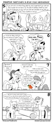 Size: 1320x3035 | Tagged: safe, artist:pony-berserker, derpibooru import, apple bloom, applejack, mudbriar, pinkie pie, rarity, ponified, crab, earth pony, giant crab, pony, unicorn, angry, apple sisters, bald, black and white, bow, comic, crying, dishonorapple, duo, eating, facial hair, fake cutie mark, fake moustache, female, filly, foal, food, gratuitous french, grayscale, guild of calamitous intent, hat, horror, i can't believe it's not idw, male, mare, monochrome, moustache, nonchalant, partial color, party cannon, pawn shop, pawn stars, peach, pony-berserker's twitter sketches, puffy cheeks, rarity fighting a giant crab, rick harrison, sewing machine, siblings, signature, simple background, sisters, sketch, smiling, speech bubble, spiked club, stallion, stippling, the venture bros., wall of tags, white background