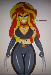 Size: 2000x2963 | Tagged: safe, artist:swagalicious-tony, derpibooru import, sunset shimmer, equestria girls, angry, blank eyes, breasts, busty sunset shimmer, claws, cross-popping veins, gritted teeth, latex, metal claws, wolverine, x-23