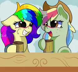 Size: 929x860 | Tagged: safe, artist:rainbowtashie, author:bigonionbean, derpibooru import, applejack, rainbow dash, oc, oc:rainbow tashie, oc:zap-apple jam, pegasus, pony, cider, commissioner:bigonionbean, fusion, fusion:zap-apple jam, hat, mug