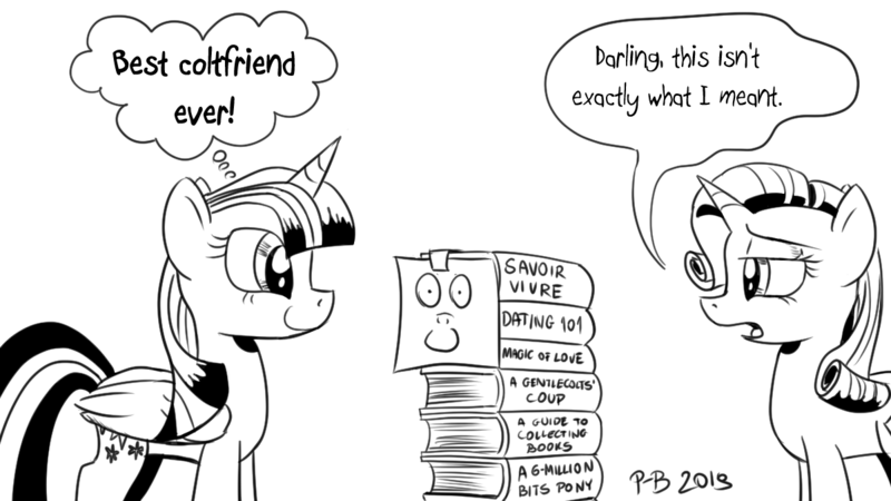 Size: 1200x675 | Tagged: safe, artist:pony-berserker, derpibooru import, rarity, twilight sparkle, twilight sparkle (alicorn), alicorn, pony, unicorn, bibliophile, black and white, book, bookhorse, duo, female, grayscale, i can't believe it's not idw, imaginary friend, mare, monochrome, pile of books, pony-berserker's twitter sketches, rarity is not amused, signature, simple background, sketch, speech bubble, that pony sure does love books, thought bubble, unamused, white background