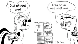 Size: 1200x675 | Tagged: safe, artist:pony-berserker, derpibooru import, rarity, twilight sparkle, twilight sparkle (alicorn), alicorn, pony, unicorn, bibliophile, black and white, book, bookhorse, duo, female, grayscale, i can't believe it's not idw, imaginary friend, mare, monochrome, pile of books, pony-berserker's twitter sketches, rarity is not amused, signature, simple background, sketch, speech bubble, that pony sure does love books, thought bubble, unamused, white background