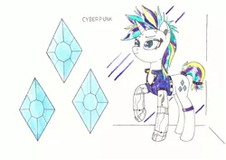 Size: 1280x906 | Tagged: safe, artist:zocidem, derpibooru import, rarity, cyborg, pony, unicorn, alternate hairstyle, augmented, clothes, crossover, cyberpunk, deus ex, drawing, punk, raripunk, solo, technology, traditional art