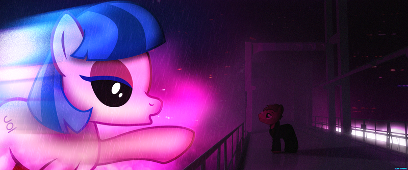 Size: 3840x1596 | Tagged: safe, artist:bastbrushie, derpibooru import, earth pony, bandage, blade runner, blade runner 2049, bridge, hologram, joi, smoke