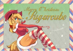 Size: 3109x2153 | Tagged: adorasexy, anthro, applejack, artist:traupa, big breasts, blushing, breasts, busty applejack, candy, candy cane, christmas, chromatic aberration, clothes, costume, cute, derpibooru import, evening gloves, food, gloves, hat, holiday, jackabetes, long gloves, postcard, safe, santa costume, santa hat, schrödinger's pantsu, sexy, socks, solo, stockings, striped socks, sugar cane, thigh highs, thighs