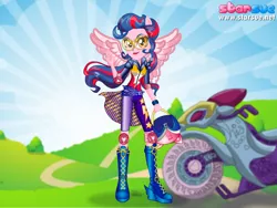 Size: 800x600 | Tagged: safe, artist:user15432, derpibooru import, indigo zap, human, equestria girls, friendship games, boots, clothes, dressup game, elbow pads, goggles, helmet, knee pads, motorcross, motorcross outfit, motorcycle, motorcycle helmet, motorcycle outfit, peace sign, ponied up, shoes, sporty style, starsue, wings