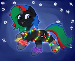 Size: 2000x1644 | Tagged: safe, artist:sb66, derpibooru import, oc, oc:thinkpony, unofficial characters only, pony, unicorn, christmas, christmas lights, commission, garland, holiday, lights, snow, snowflake, ych result