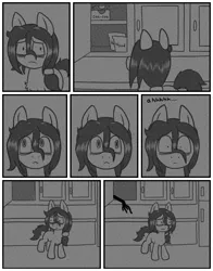 Size: 648x828 | Tagged: semi-grimdark, artist:scraggleman, derpibooru import, oc, oc:floor bored, earth pony, pony, comic:insomnia, /mlp/, blank flank, cabinet, comic, dark, hand, monochrome, ponytail, scared, solo, startled