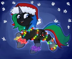 Size: 2000x1644 | Tagged: safe, alternate version, artist:sb66, derpibooru import, oc, oc:thinkpony, unofficial characters only, pony, unicorn, christmas, christmas lights, commission, garland, hat, holiday, lights, santa hat, snow, snowflake, ych result