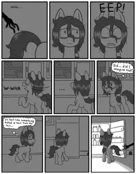 Size: 648x828 | Tagged: semi-grimdark, artist:scraggleman, derpibooru import, oc, oc:floor bored, unofficial characters only, earth pony, pony, comic:insomnia, /mlp/, comic, food, hand, ponytail, refridgerator, scared, startled, thought bubble