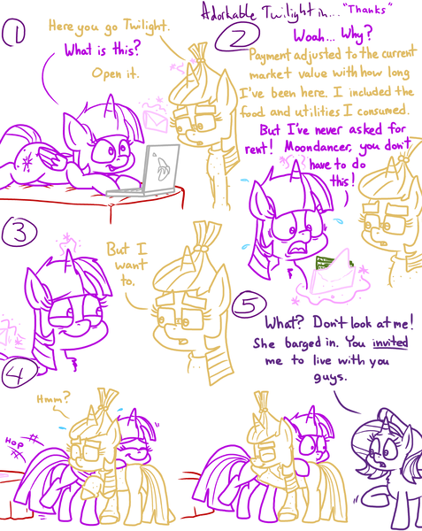 Size: 2048x2577 | Tagged: safe, artist:adorkabletwilightandfriends, derpibooru import, moondancer, starlight glimmer, twilight sparkle, twilight sparkle (alicorn), alicorn, pony, unicorn, comic:adorkable twilight and friends, adorkable, adorkable twilight, bed, comic, computer, cute, dork, emotional, envelope, hug, humor, laptop computer, lying down, magic, maturity, money, responsibility, slice of life