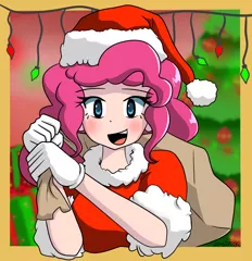 Size: 1000x1034 | Tagged: artist:genericmlp, christmas, clothes, costume, derpibooru import, female, hat, holiday, human, humanized, pinkie pie, safe, santa costume, santa hat, santa sack, solo