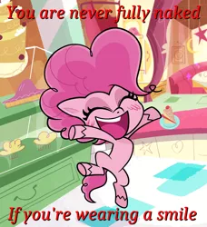 Size: 1200x1318 | Tagged: safe, derpibooru import, edit, edited screencap, screencap, pinkie pie, earth pony, pony, my little pony: pony life, caption, cheering, cropped, cute, diapinkes, excited, eyes closed, female, happy, hooves up, jumping, open mouth, ponk, smiling, solo, teeth, text, we don't normally wear clothes