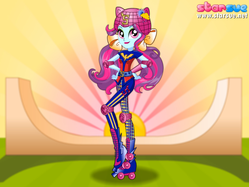 Size: 800x600 | Tagged: safe, artist:user15432, derpibooru import, sunny flare, human, equestria girls, friendship games, bow, clothes, dressup game, elbow pads, hair bow, helmet, knee pads, ponied up, roller derby, roller skates, rollerblades, skates, sporty style, starsue