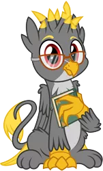 Size: 3000x4980 | Tagged: safe, artist:pirill, derpibooru import, oc, oc:leonard jubinatt, unofficial characters only, gryphon, 2020 community collab, derpibooru community collaboration, book, glasses, griffon oc, looking at you, male, show accurate, simple background, sitting, solo, transparent background, vector