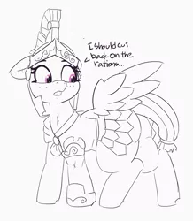 Size: 3499x4016 | Tagged: armor, artist:pabbley, derpibooru import, dialogue, fat ass, female, iron eagle, looking back, mare, monochrome, royal guard, safe, scar, solo, weight gain