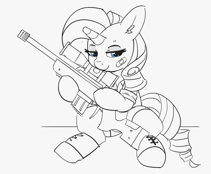 Size: 2767x2287 | Tagged: safe, artist:pabbley, derpibooru import, rarity, pony, unicorn, bandaid, female, gun, high res, lidded eyes, mare, monochrome, partial color, sitting, sniper, solo, weapon