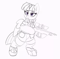 Size: 4957x4819 | Tagged: safe, artist:pabbley, derpibooru import, twilight sparkle, twilight sparkle (alicorn), alicorn, pony, absurd resolution, armor, bipedal, female, gun, lineart, mare, monochrome, partial color, solo, weapon