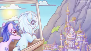 Size: 1920x1080 | Tagged: safe, artist:musicfirewind, derpibooru import, sea swirl, seafoam, oc, oc:eula phi, pony, unicorn, architecture, background pony, canterlot, canterlot castle, city, cloud, commission, cute, female, flying, hot air balloon, mare, mountain, sky, sun