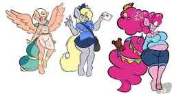 Size: 4000x2194 | Tagged: safe, artist:bearbuddies, artist:msprismatic, derpibooru import, derpy hooves, pinkie pie, somnambula, anthro, earth pony, pegasus, unguligrade anthro, the last problem, belly button, clothes, denim shorts, digital art, egyptian, egyptian pony, fat, female, heart, heart print underwear, jewelry, mail, mailbag, mailmare, mare, miniskirt, older, older pinkie pie, panties, pleated skirt, pudgy pie, rubber duck, see-through, shorts, simple background, skirt, teddy bear, tongue out, underwear, white background, wrinkles