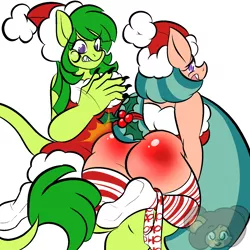 Size: 1500x1500 | Tagged: anthro, artist:bearbuddies, artist:msprismatic, breasts, christmas, christmas stocking, clothes, derpibooru import, egyptian, egyptian pony, female, hat, holiday, holly, holly mistaken for mistletoe, mare, mistletoe abuse, oc, oc:midori kuroba, panties, panties around leg, pegasus, santa hat, socks, somnambula, spanked, spanking, spank mark, sphinx, sphinx oc, stockings, suggestive, thigh highs, two toned mane, underwear